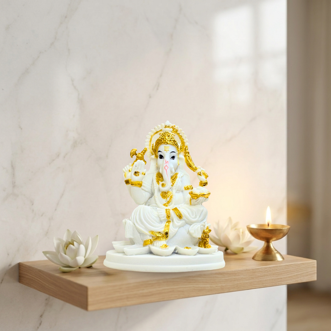 White & Gold Matte Finish Ganesha Idol 7 Inch Decorative Murti