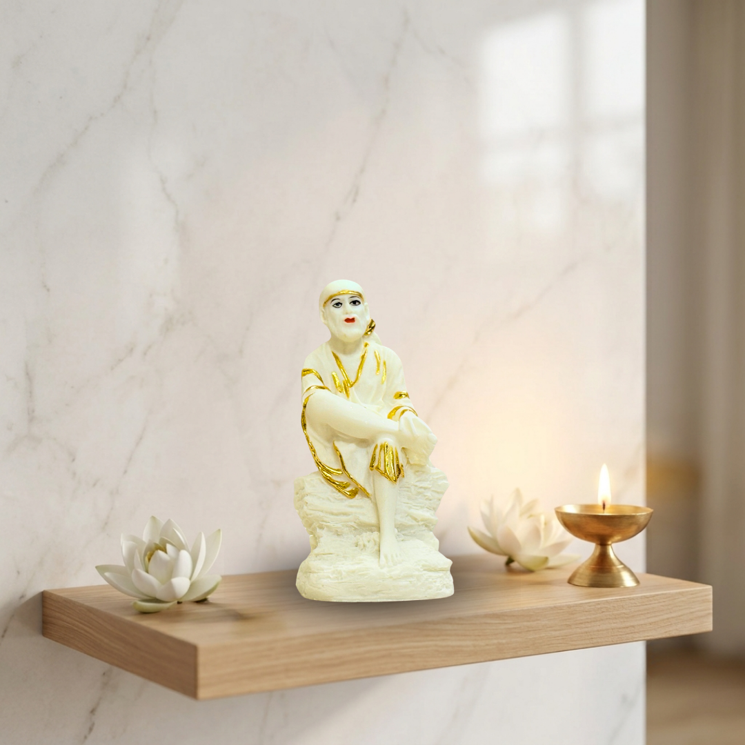 White & Gold Matte Finish Sai Baba Idol 6 Inch Decorative Statue