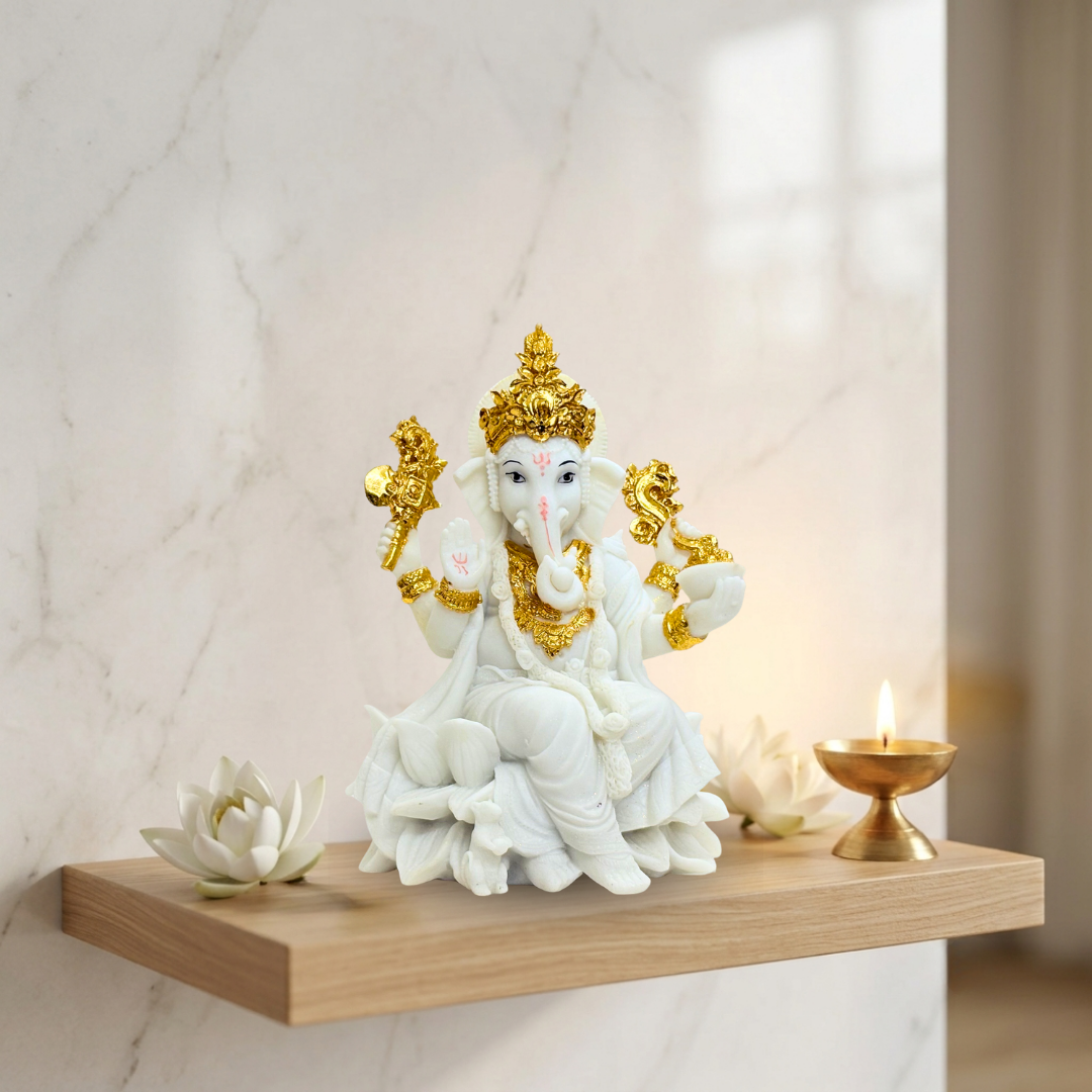 White & Gold Matte Finish Ganesha Idol 8 Inch Decorative Statue