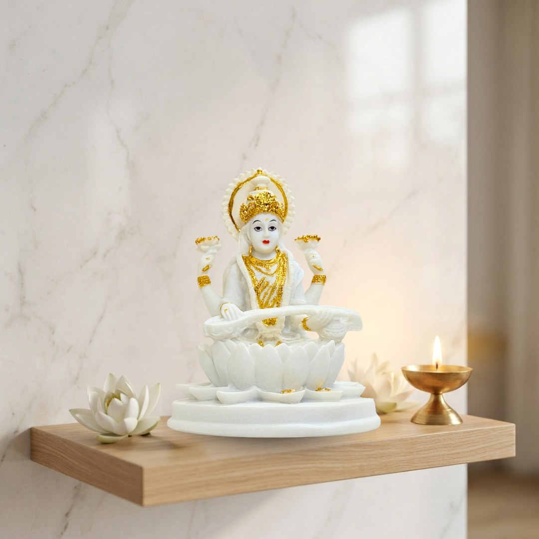 White & Gold Matte Finish Saraswati Idol 7 Inch Decorative Statue