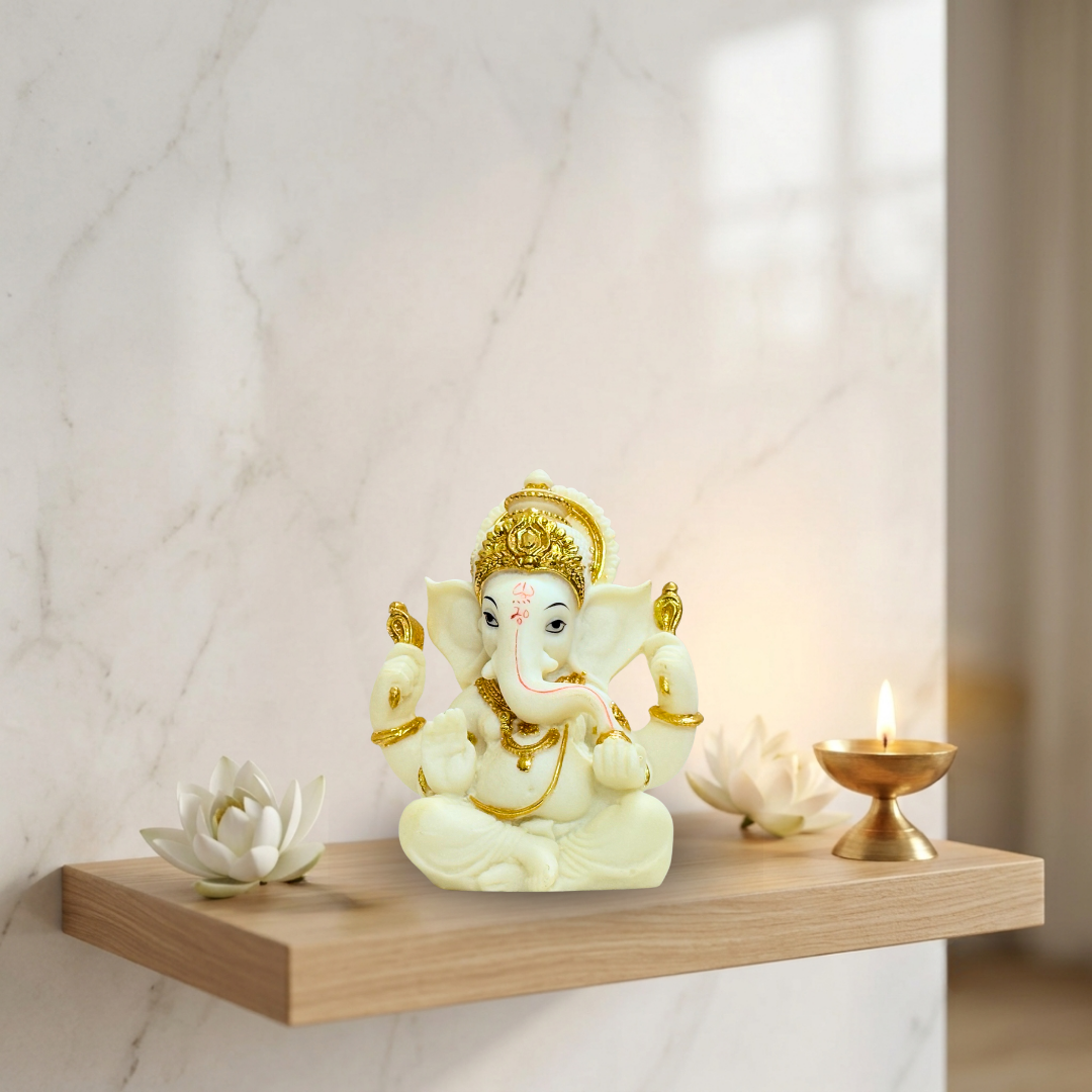 White & Gold Matte Finish Ganesha Idol 5 Inch Decorative Statue
