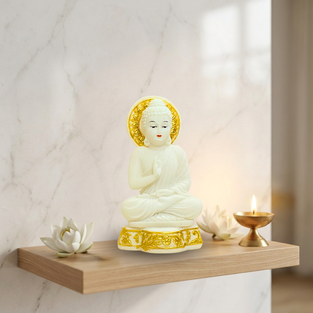 White & Gold Matte Finish Buddha Idol 7 Inch Decorative Statue